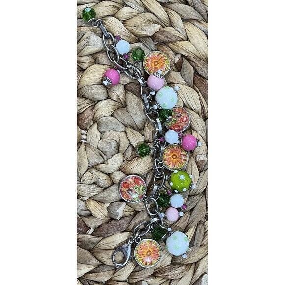VTG Y2K Charm Cha Cha Bracelet Lampwork Glass & Floral Beads Silver Tone 7-8.25 - Picture 6 of 9